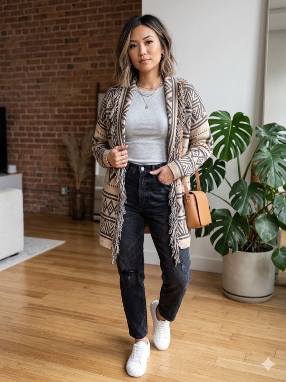Boho Chic Fringe Aztec Open-Front Cardigan Sweater - Beige Pattern